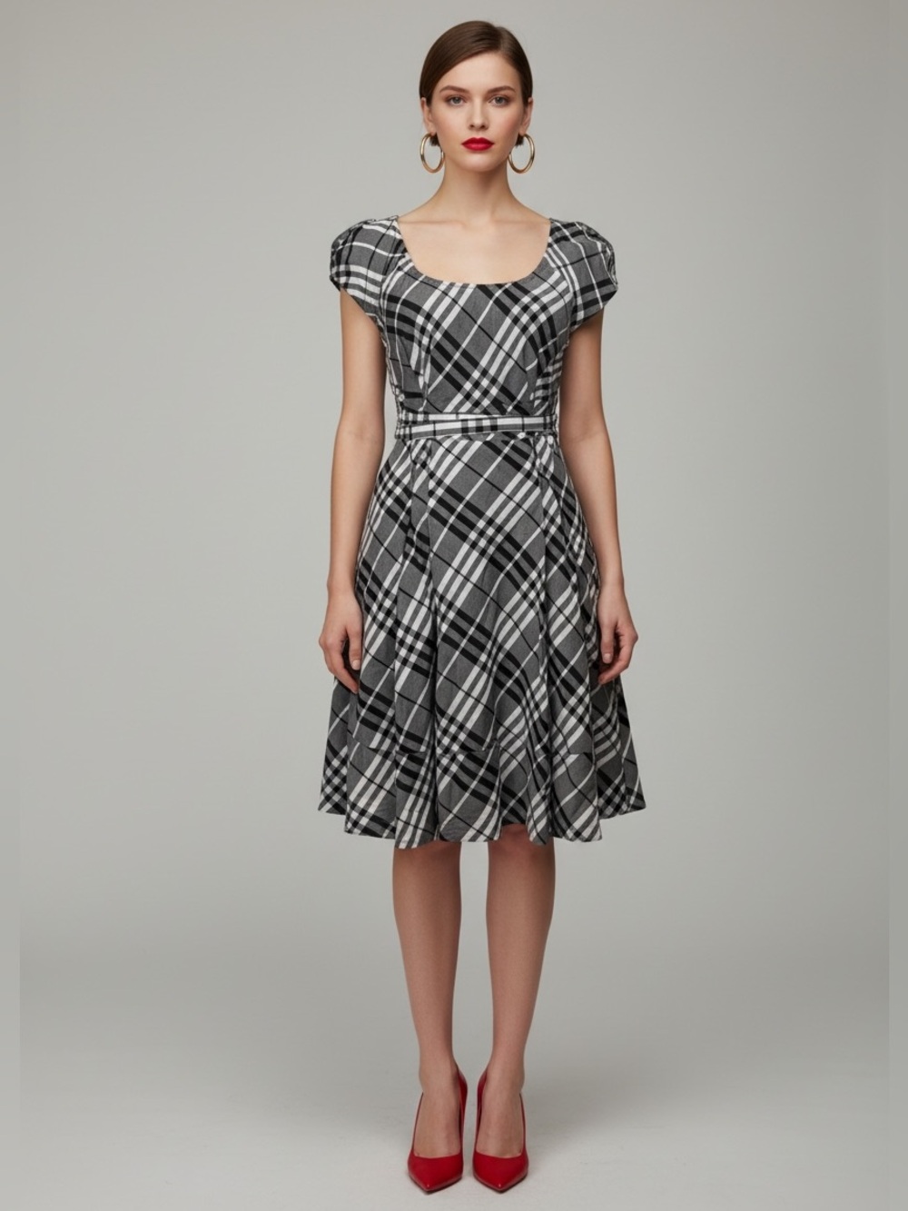 Burberry Black and White Plaid Square Neck Fit-and-Flare Dress